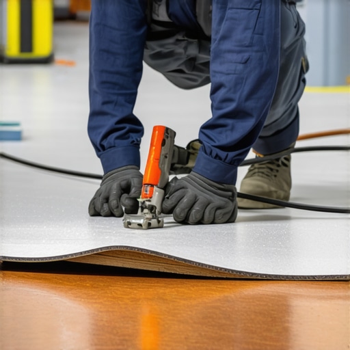 Professional flooring installation around curved walls with contour gauge and heat welding tools.