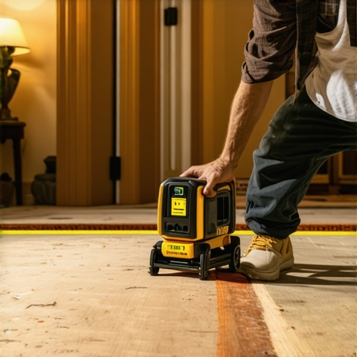 Expert applying laser level to ensure precise floor leveling in home renovation