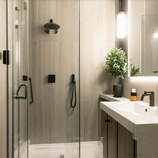 Modern bathroom with walk-in shower, natural textures, smart lighting, and durable fixtures.