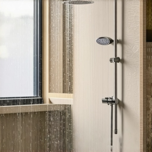 Luxurious bathroom shower with rainfall head and natural stone accents