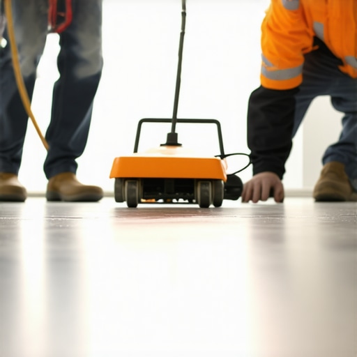 Professional using laser level for accurate floor leveling in a residential space