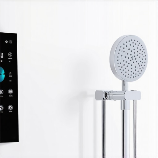Futuristic bathroom featuring a digital shower panel and smart home technology