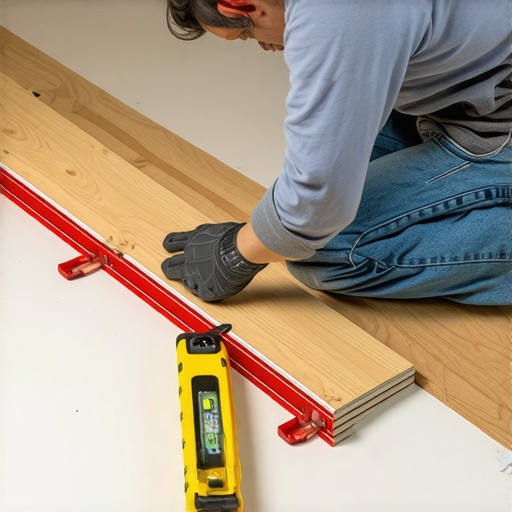 Person measuring and leveling subfloor with tools for laminate installation.