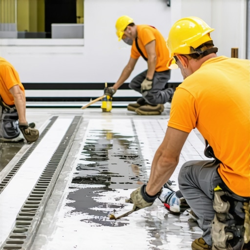 Technicians applying waterproof membranes and leveling compounds during a high-end bathroom renovation.
