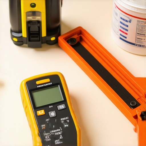 Professional flooring tools including moisture meter and laser level used for accurate installation.