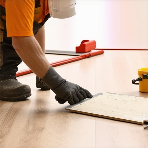 Close-up of flooring installation tools and process highlighting precision and care.