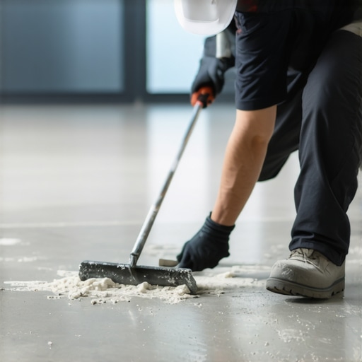 Expert applying floor leveling compound for perfect carpet installation. Technician leveling a floor with compound and tools in a contemporary living space.