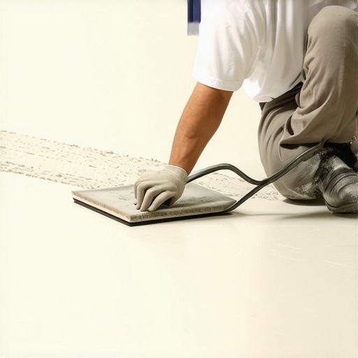 Professional applying self-leveling compound for smooth subfloor preparation