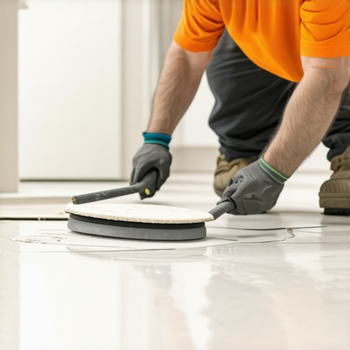 Professional applying self-leveling compound for precise bathroom floor leveling.