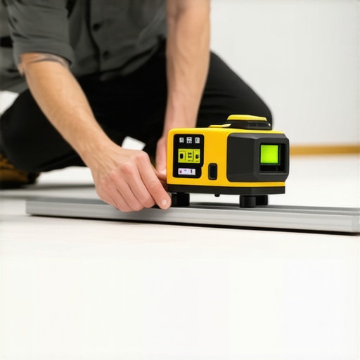 Expert verifying floor levelness with laser level Professional measuring floor flatness with laser tool during home renovation