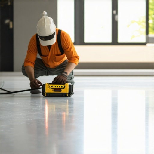 Technician applying self-leveling compound with laser level in a home setting.