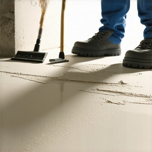 Professional Floor Leveling in Progress Worker applying leveling compound on subfloor with tools