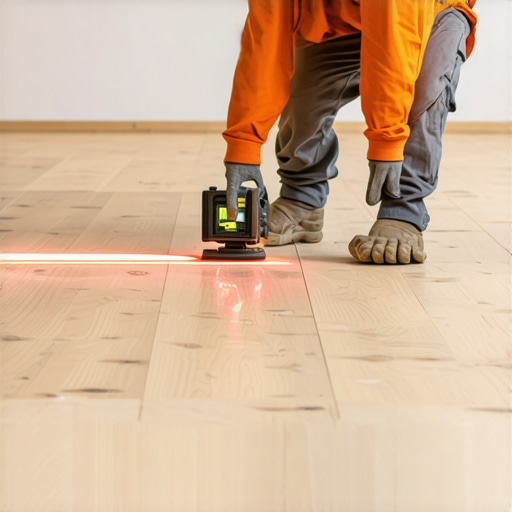 Professional flooring leveler with laser tool Professional using laser level on subfloor in renovation