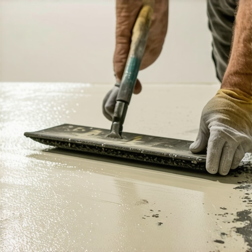Person smoothing self-leveling compound on subfloor with a trowel for even flooring surface