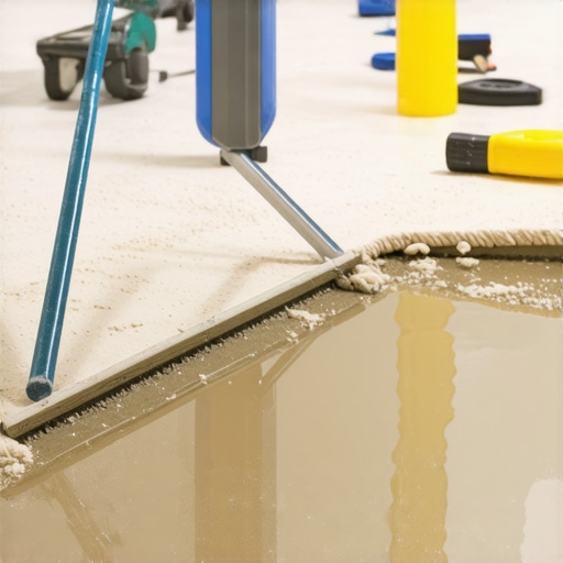 Person pouring and spreading self-leveling compound on a subfloor with tools nearby.