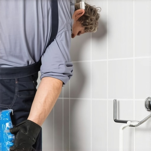 Person applying waterproof membrane to shower tiles using a roller, professional home renovation setting