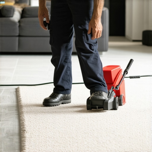 Professional installer stretching carpet with a power stretcher in a well-lit living room.