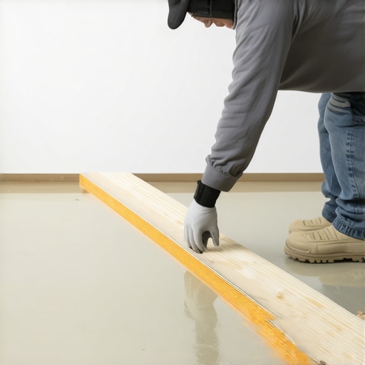 Installer using a long straight edge to check a leveled subfloor during renovation.