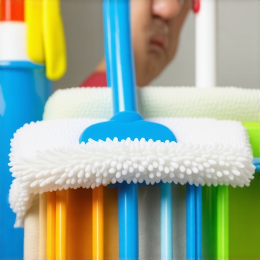 Homeowner cleaning laminate floor and shower grout with microfiber mop and grout brush for upkeep.