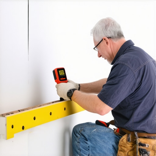 Homeowner inspecting bathroom with laser level and moisture meter.