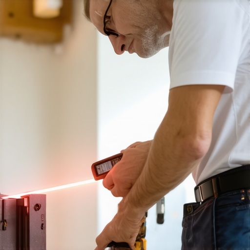 Home Maintenance Tools in Action Homeowner using laser level and moisture meter for renovation upkeep.