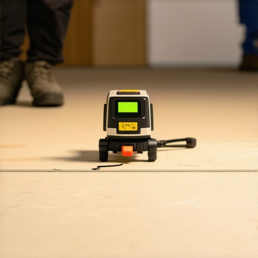 Close-up of laser level mapping a subfloor for precision in leveling