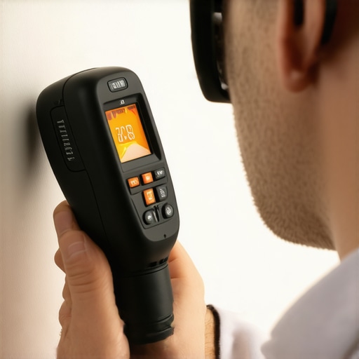 Professional inspecting bathroom with moisture meter and thermal camera