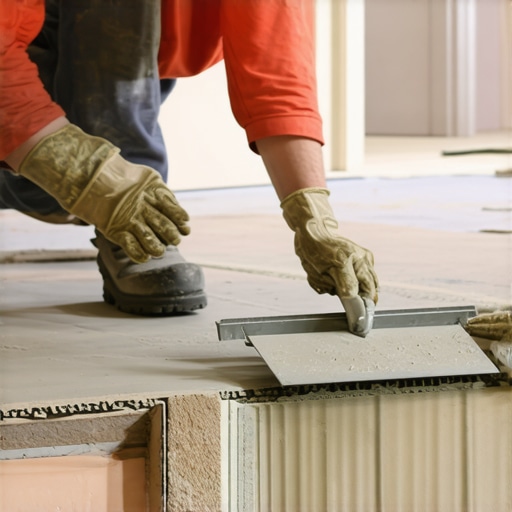 A person spreading leveling compound on the floor to fix uneven surfaces.