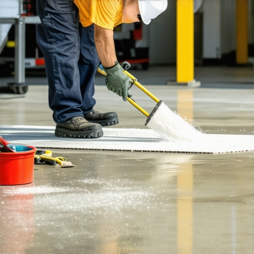 Worker pouring leveling compound on concrete floor for laminate installation.
