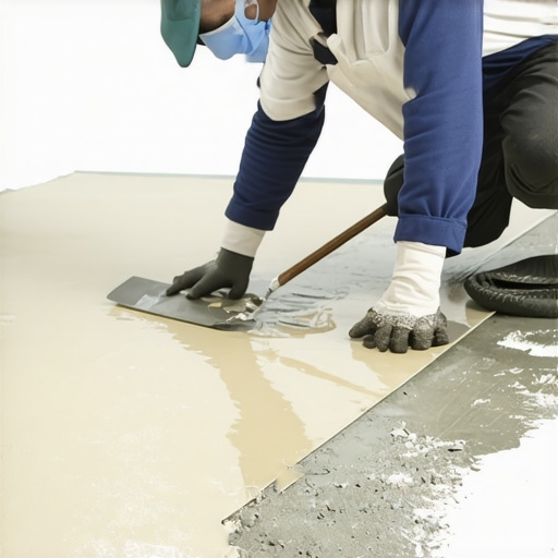 Close-up of a worker spreading leveling compound on subfloor to create a smooth surface.