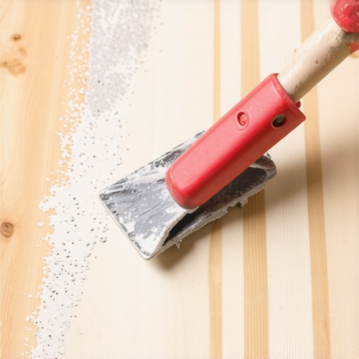 Applying leveling compound Trowel spreading leveling compound over subfloor with a level tool on top