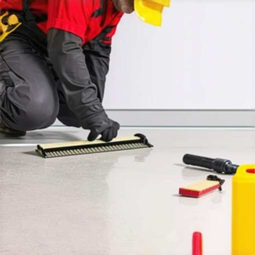 Contractor applying waterproof membrane on bathroom floor with brush and roller