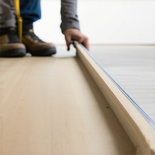 Person inspecting subfloor flatness with a level and straightedge for laminate flooring installation.