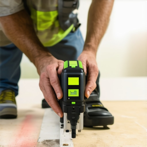 Homeowner accurately leveling flooring with laser level and multi-tool