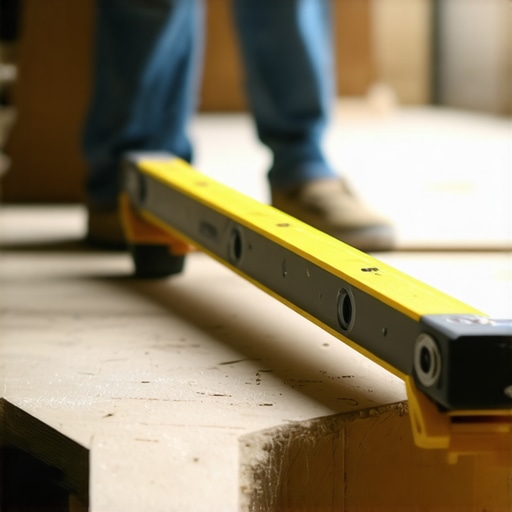 A person using a carpenter's level to check the flatness of a subfloor during renovation.