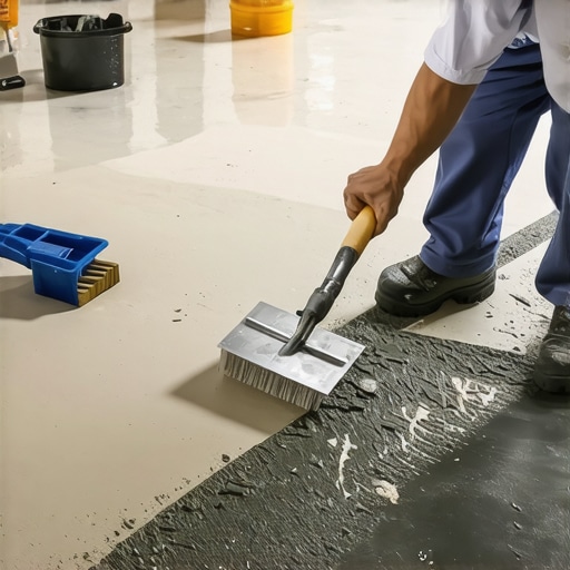 Person leveling a subfloor with self-leveling compound and a trowel.