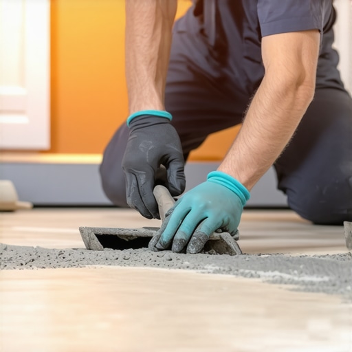 A person smoothing self-leveling compound on a subfloor to ensure flatness for laminate flooring.