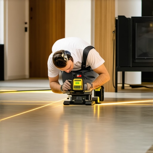 A laser level projecting a straight line across a wooden floor during maintenance