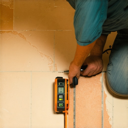 Professional tiler measuring bathroom floor with laser level to ensure proper shower slope.