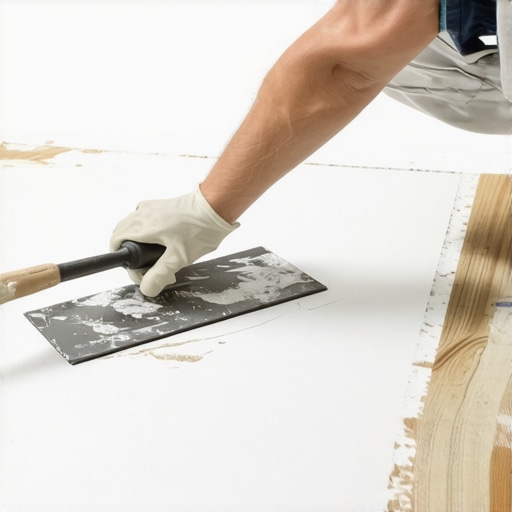 Person spreading leveling compound on uneven subfloor with a trowel