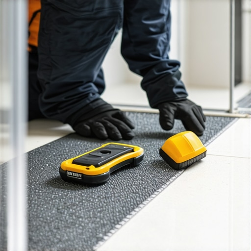 A worker carefully applies waterproof membrane underneath shower area to prevent leaks.