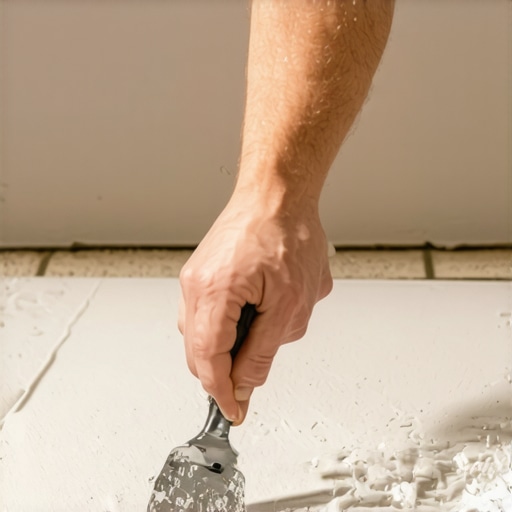 Hand applying waterproof grout with a small putty knife into shower joint
