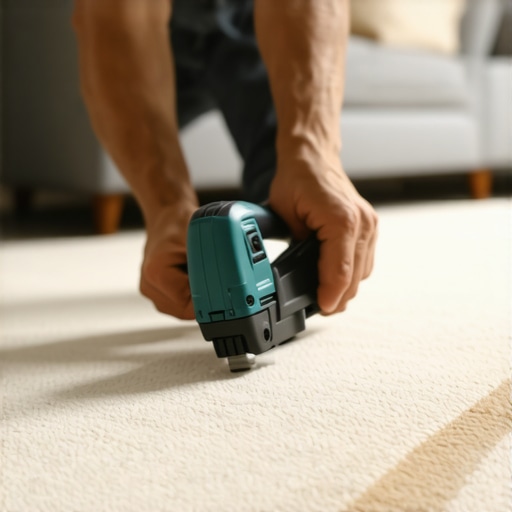 Professional technician securely stapling carpet edges with a heavy-duty stapler in a living room setting