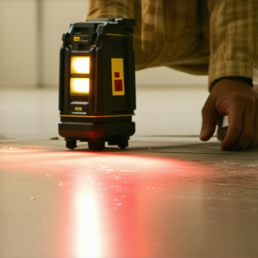 A handyman applying a laser level to a concrete subfloor to ensure evenness.