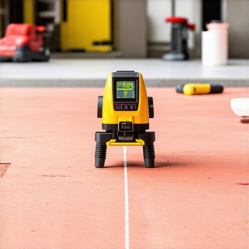 A professional laser level device set up on a floor being renovated for accurate measurement