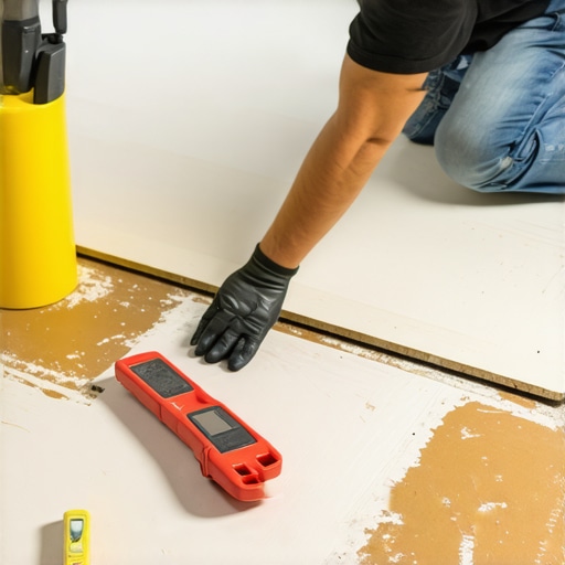 Person pouring and leveling self-leveling compound on a subfloor to fix dips for laminate flooring.