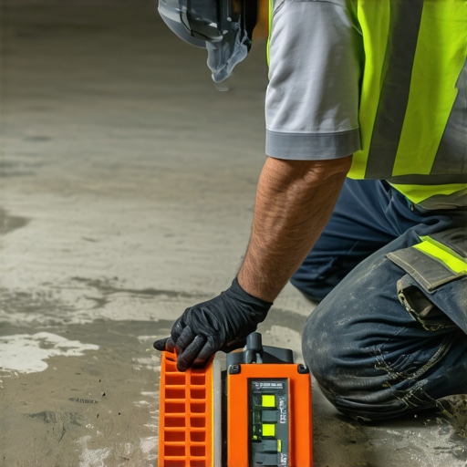 Professional inspecting concrete subfloor with tools for leveling