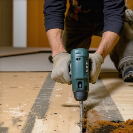 Home renovation worker tightening subfloor screws to reduce creaks