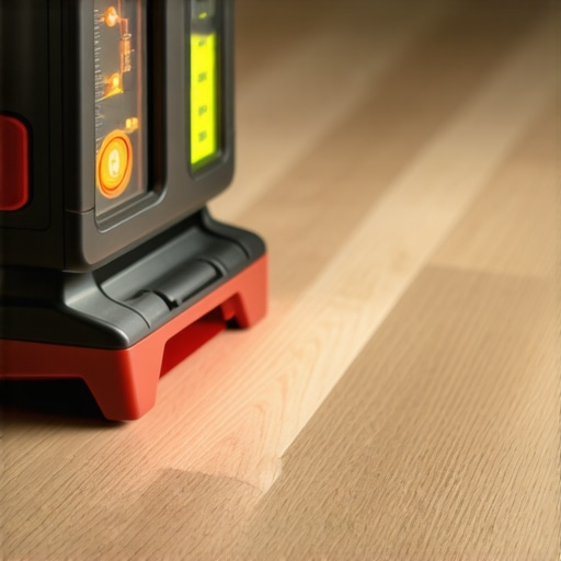 Hand holding a digital laser level tool measuring a laminate floor for evenness.