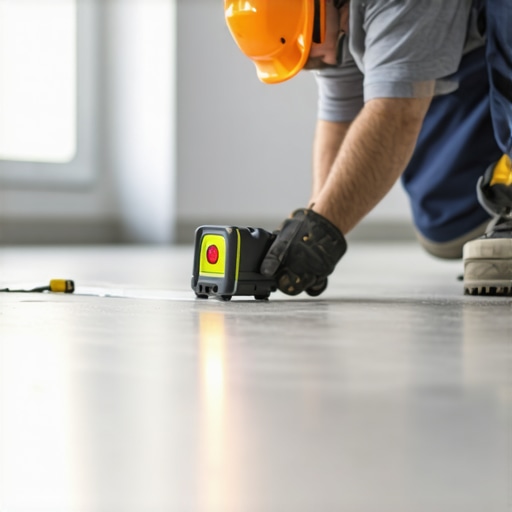 A technician demonstrating the use of a laser level to ensure even flooring during home renovation.